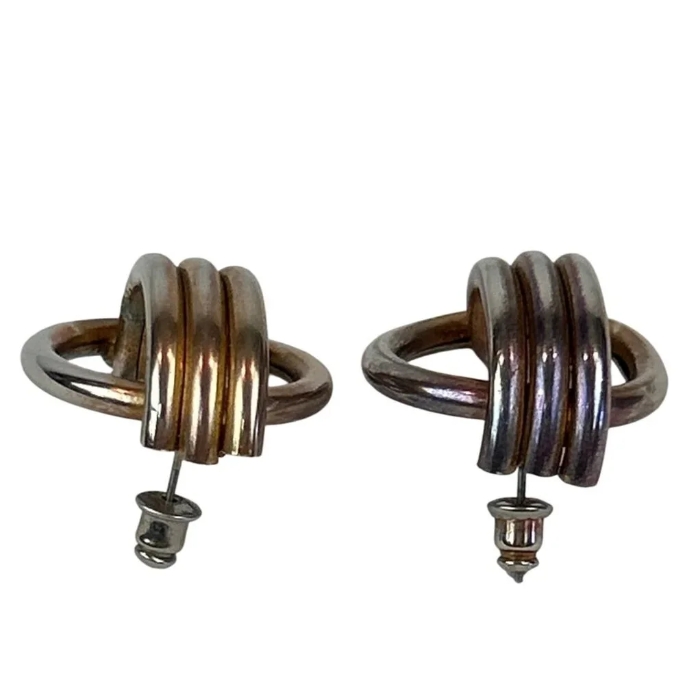 Vintage Tube Earrings Round Design Gold Silver Tone 80s Geometric - Picture 5 of 7